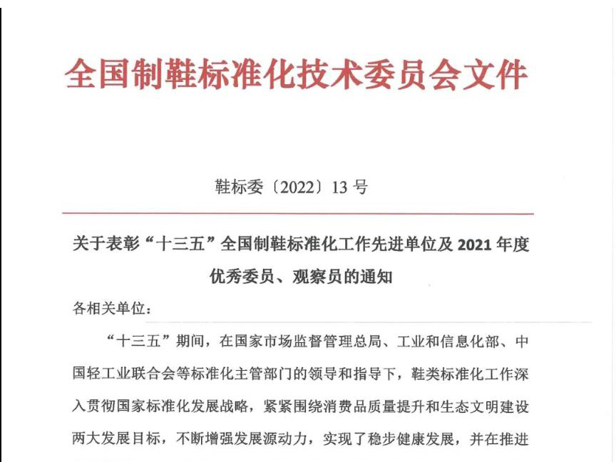 本公司荣获“十三五”全国制鞋标准化工作先进单位